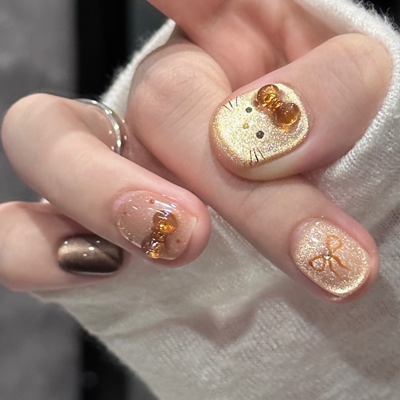 Móng tay giả, nail box 24 móng form ngắn màu hồng gắn charm nơ trong suốt lấp lánh| TẶNG KÈM KEO❤️