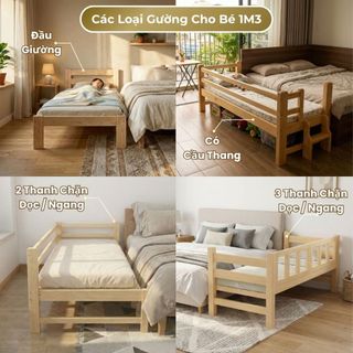 Giường Trẻ Em 1m3 | Gường Mở Rộng cho bé với Bố Mẹ có Thanh Rào Chắn, Cầu Thang, Gỗ Thông Cao Cấp