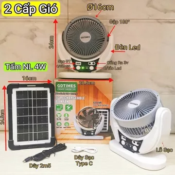 Quạt tích điện năng lượng mặt trời + sạc điện GD-8025 và Quạt bàn cắm trại tích điện kèm đèn X23. NL