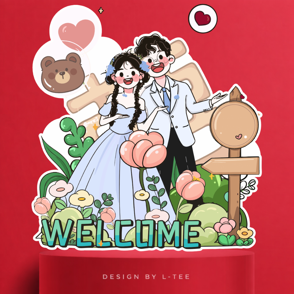 Bảng Welcome Đám Cưới Chibi Cô Dâu Chú Rể In Tên Theo Yêu Cầu Kèm Biển Chỉ Dẫn Dễ Thương