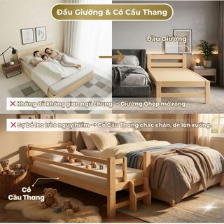 Giường Ngủ Cho Bé 1m4 Đầu Giường / Thanh Chắn / Cầu Thang - Giường Ghép với Bố Mẹ, Gỗ Thông Bền Đẹp