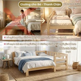 Giường Ngủ Cho Bé 1m4 Đầu Giường / Thanh Chắn / Cầu Thang - Giường Ghép với Bố Mẹ, Gỗ Thông Bền Đẹp