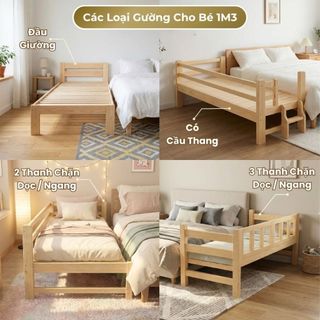 Giường Ngủ Cho Bé 1m4 Đầu Giường / Thanh Chắn / Cầu Thang - Giường Ghép với Bố Mẹ, Gỗ Thông Bền Đẹp