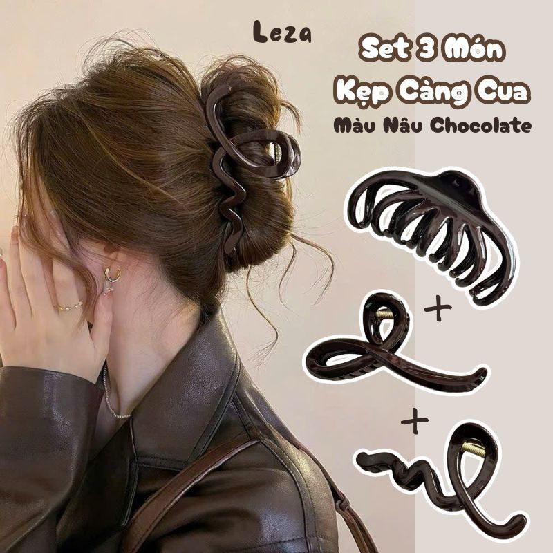 LEZA - Set Kẹp Càng Cua 14cm gồm 3 Chi Tiết màu nâu Chocolate sang trọng mà tối giản tinh tế. Phụ Kiện Tóc Hàn Quốc