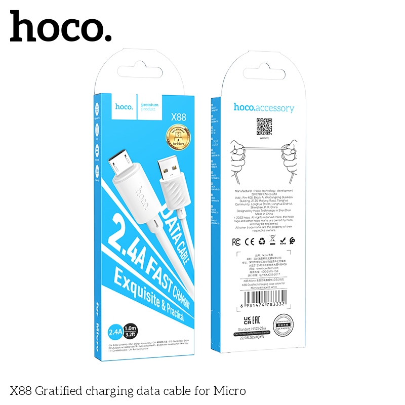 Cáp Sạc Micro USB Hoco X88 Dài 1m – Dây Sạc Nhanh 2.4A Cho Android, Samsung, OPPO, Xiaomi, Vỏ TPE Bền Chắc