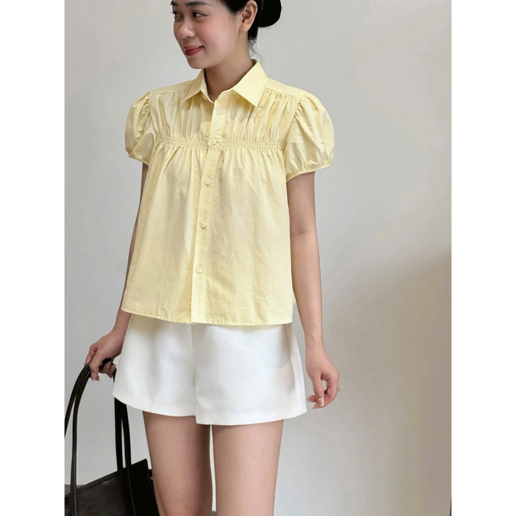 Áo sơ mi nhún cách điệu ở cổ dáng babydoll xinh 4825 A105