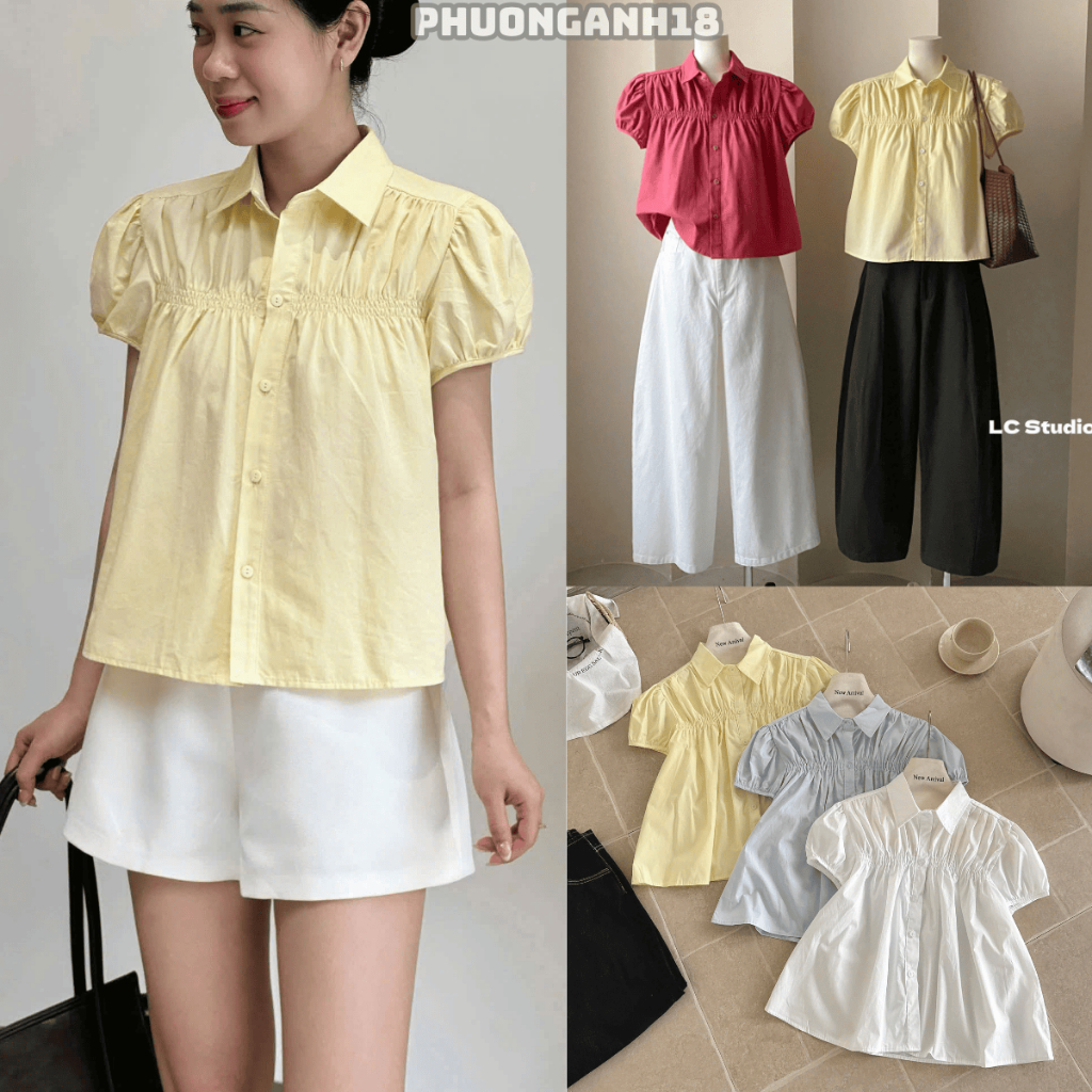 Áo sơ mi nhún cách điệu ở cổ dáng babydoll xinh 4825 A105