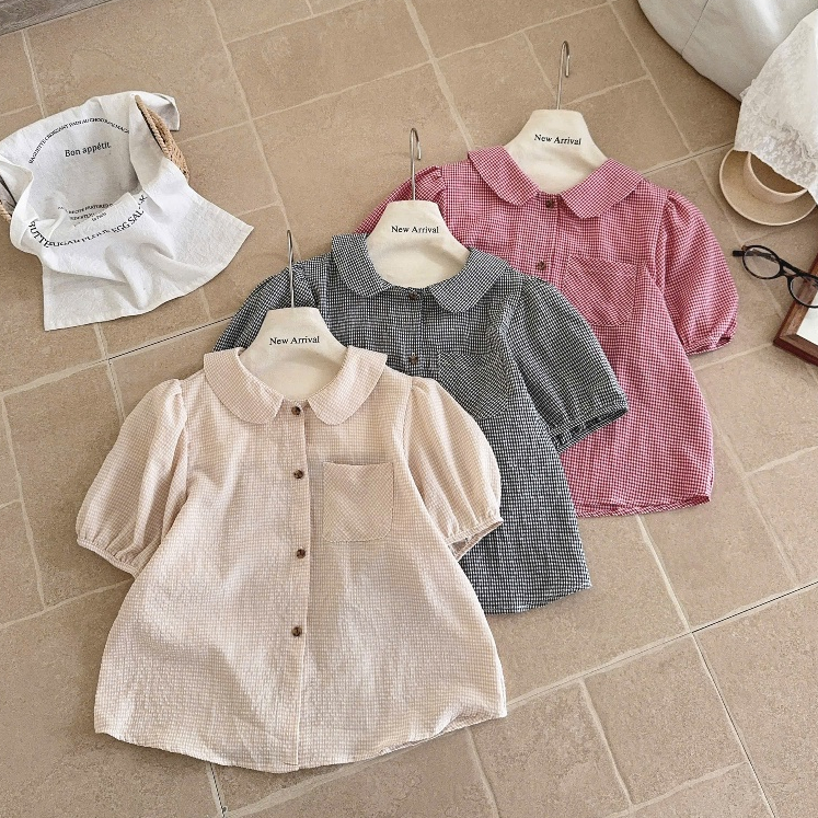 Áo sơ mi kẻ cộc tay cổ sen chất thô đũi mát 4842 A107