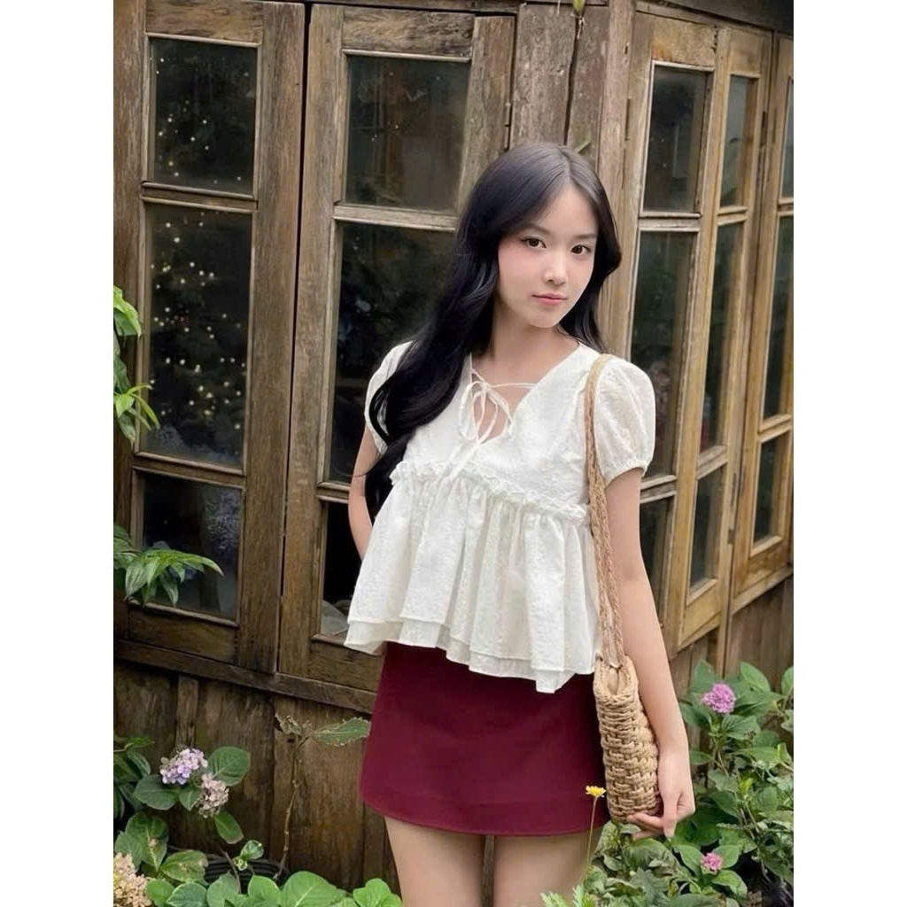 Áo babydoll ngắn tay họa tiết viền bèo 6231 A103