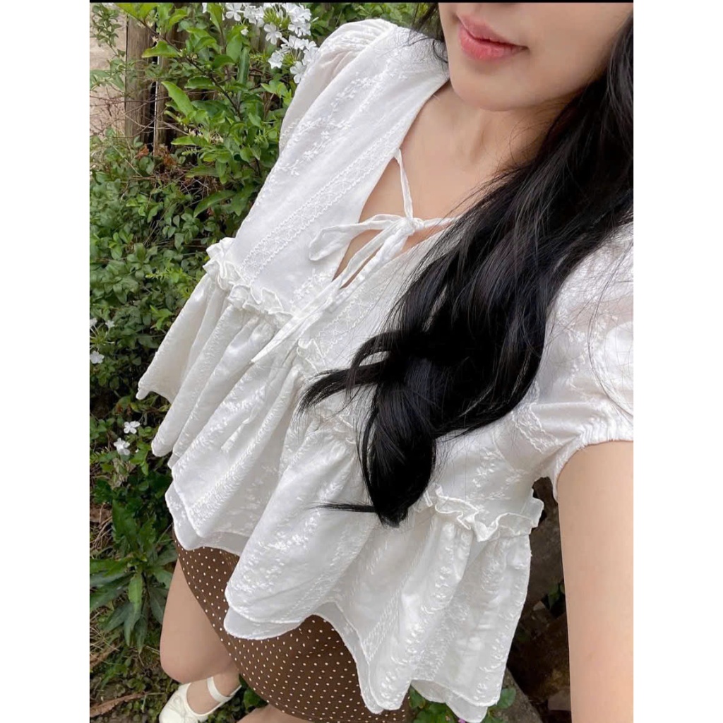 Áo babydoll ngắn tay họa tiết viền bèo 6231 A103