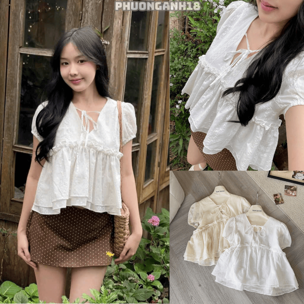 Áo babydoll ngắn tay họa tiết viền bèo 6231 A103