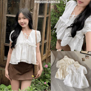 Áo babydoll ngắn tay họa tiết viền bèo 6231 A103