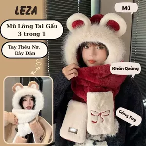 LEZA - Mũ lông tai gấu kèm khăn quàng cổ, bao tay 3 trong 1 ấm áp hàng Loại 1