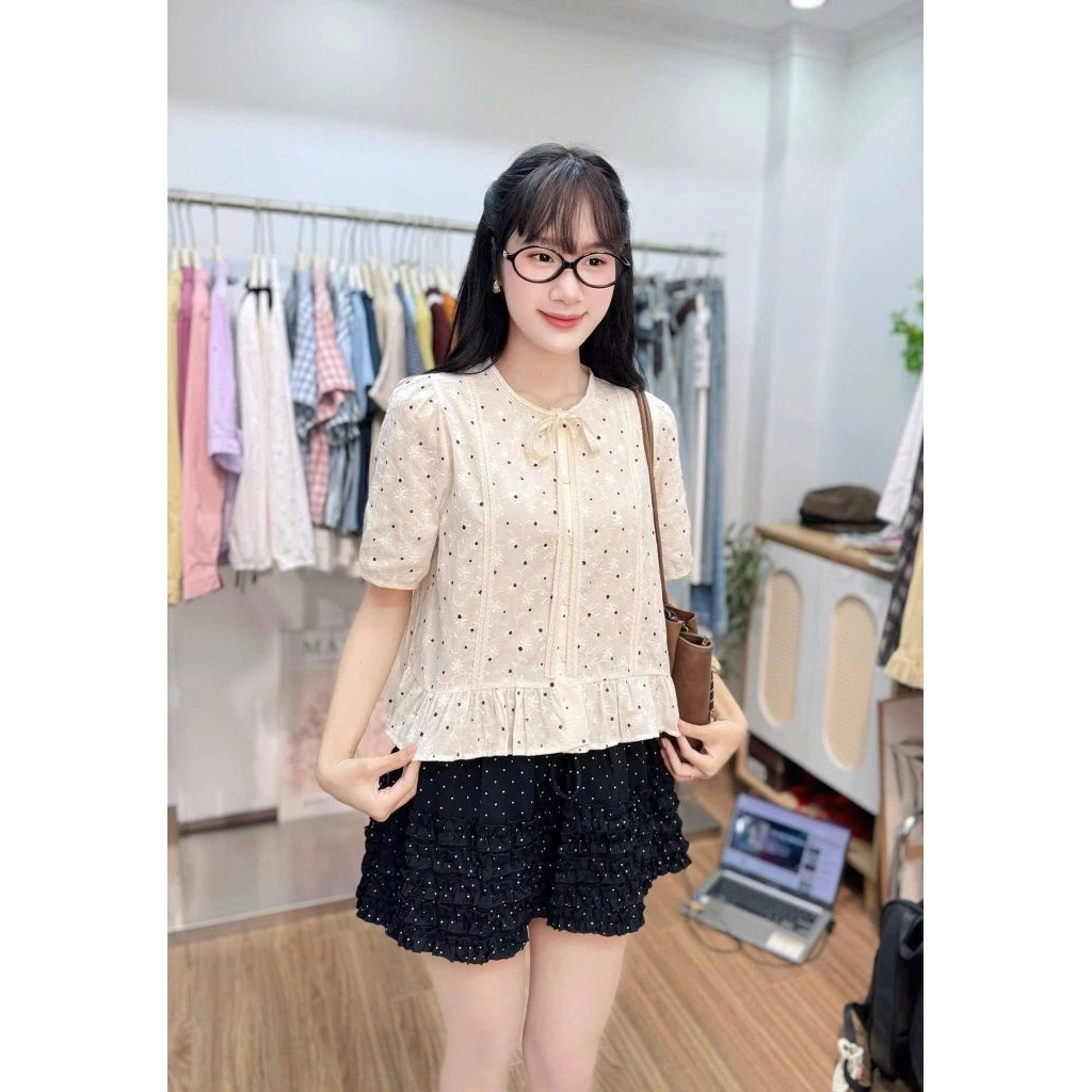 [𝑯𝒂 𝑨𝒏𝒉] Áo Sơ Mi Cổ Tròn Chấm Bi QCL1