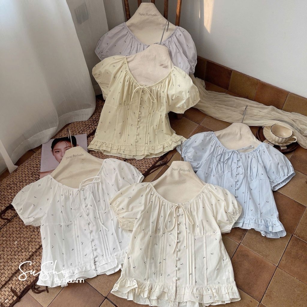 [𝑯𝒂 𝑨𝒏𝒉] Áo Sơ Mi Cộc Cổ Nơ Cúc Bọc Bèo Gấu QCL1