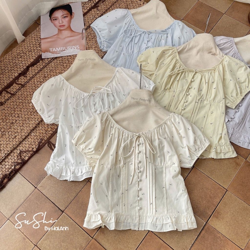 [𝑯𝒂 𝑨𝒏𝒉] Áo Sơ Mi Cộc Cổ Nơ Cúc Bọc Bèo Gấu QCL1