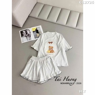 Set Bộ Đồ Nữ Thun Cotton Áo Phông In Gấu Nâu Phối TRòn Kẻ Mềm Mát Mix Quần Sooc Đùi Viền Bèo Ống Rộng