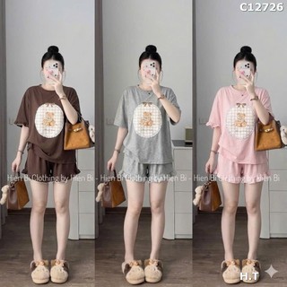 Set Bộ Đồ Nữ Thun Cotton Áo Phông In Gấu Nâu Phối TRòn Kẻ Mềm Mát Mix Quần Sooc Đùi Viền Bèo Ống Rộng