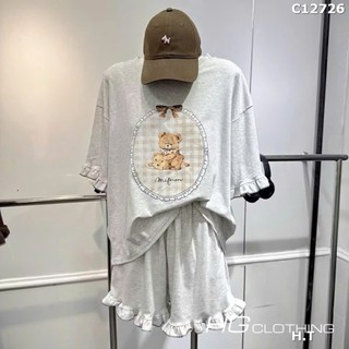 Set Bộ Đồ Nữ Thun Cotton Áo Phông In Gấu Nâu Phối TRòn Kẻ Mềm Mát Mix Quần Sooc Đùi Viền Bèo Ống Rộng