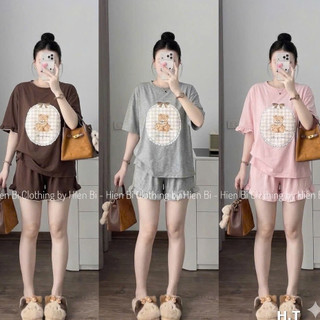 Set Bộ Đồ Nữ Thun Cotton Áo Phông In Gấu Nâu Phối TRòn Kẻ Mềm Mát Mix Quần Sooc Đùi Viền Bèo Ống Rộng
