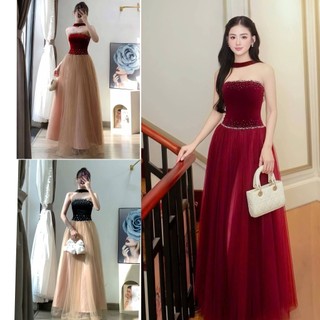 Đầm dạ hội dáng xòe dài cup ngực nhung phối lưới mm 2026