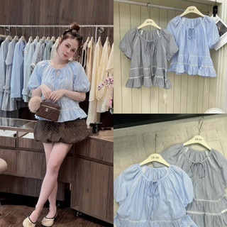 Áo sơ mi babydoll kẻ caro pha ren tay bồng #9055