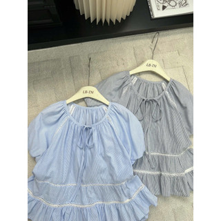 Áo sơ mi babydoll kẻ caro pha ren tay bồng #9055