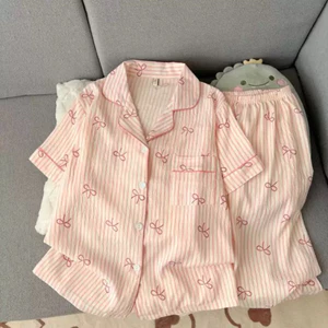 Bộ mặc nhà pyjama (áo cộc quần dài) chất đũi vân mây mềm mại phong cách Hàn Quốc hoạ tiết nhẹ nhàng đáng yêu