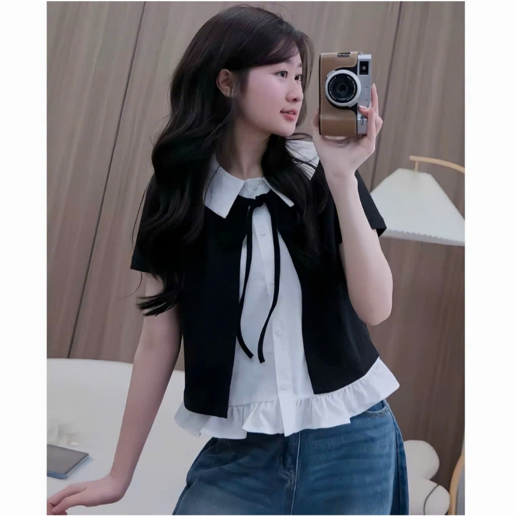 Áo kiểu mix cộc tay cardigan cổ đức gấu bèo,Áo nỉ thun phối cổ dây nơ cộc tay mẫu mới style Hàn