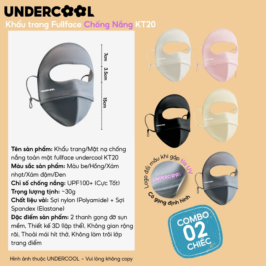 Combo 2 Khẩu trang Fullface UNDERCOOL Chống Nắng UPF 100+ Cao Cấp - Khẩu Trang Che Toàn Mặt 2 Lớp Có 2 Gọng CB - KT20