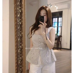 Áo 2S peplum cổ vuông thiết kế xẻ tà đính khuy bọc cao cấp, Áo kiểu nữ dáng xoè che khuyết điểm thanh lịch sang chảnh