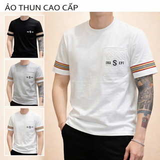 Áo Thun Nam Cổ Tròn Phối Túi Chữ Viền Tay Thêu Nổi Vải Cotton Co Giãn Thời Trang LUXURY