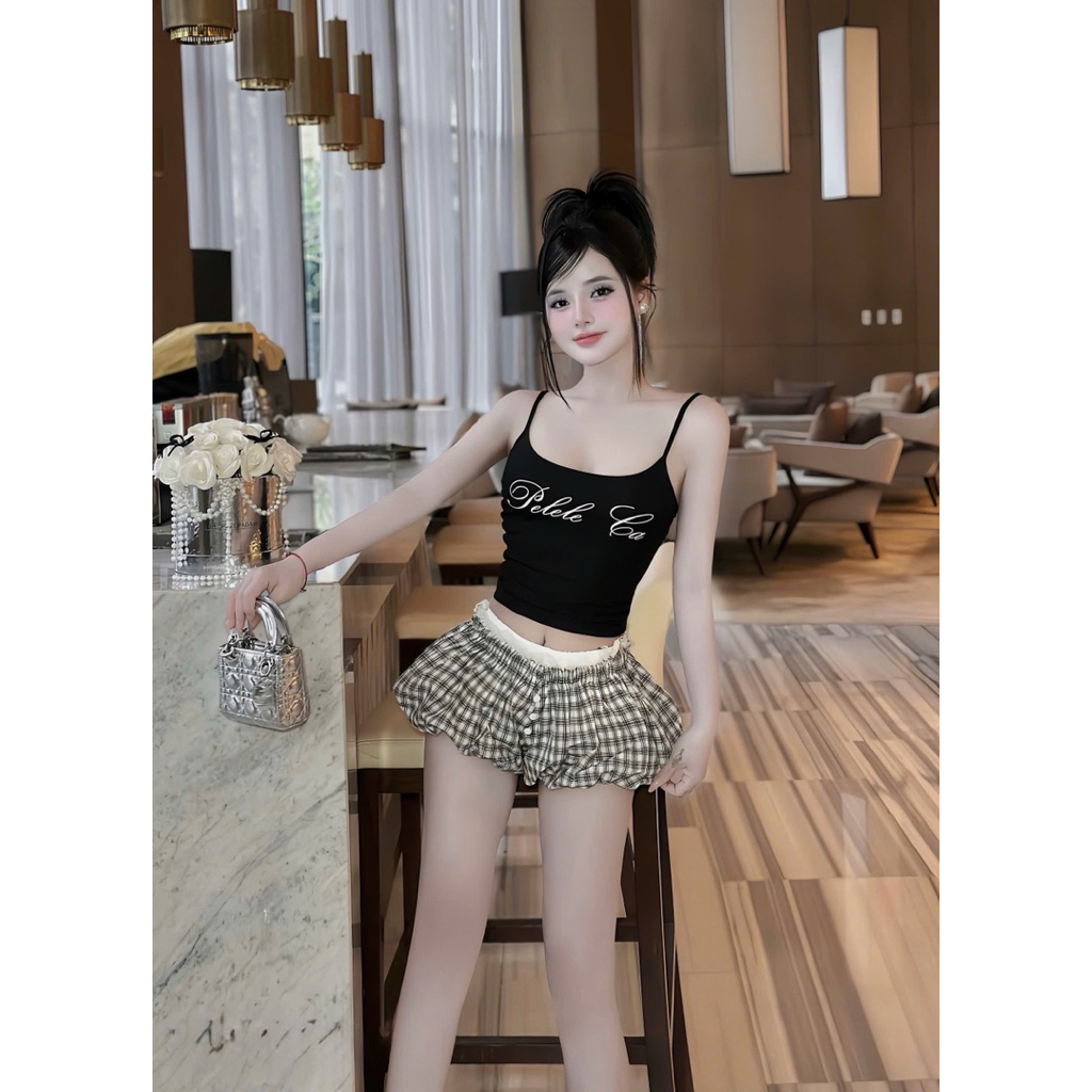 Set áo 2 dây in chữ mix quần sooc kê bồng ngắn