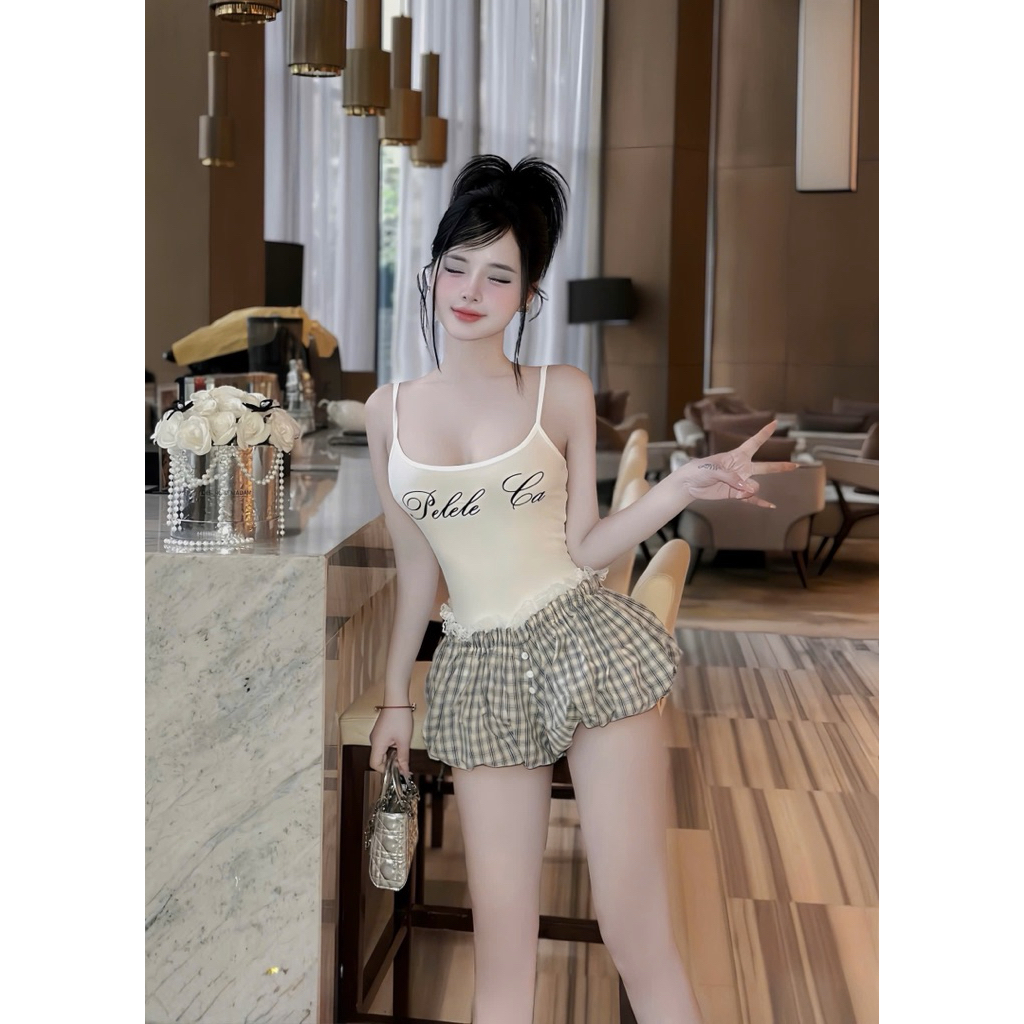 Set áo 2 dây in chữ mix quần sooc kê bồng ngắn