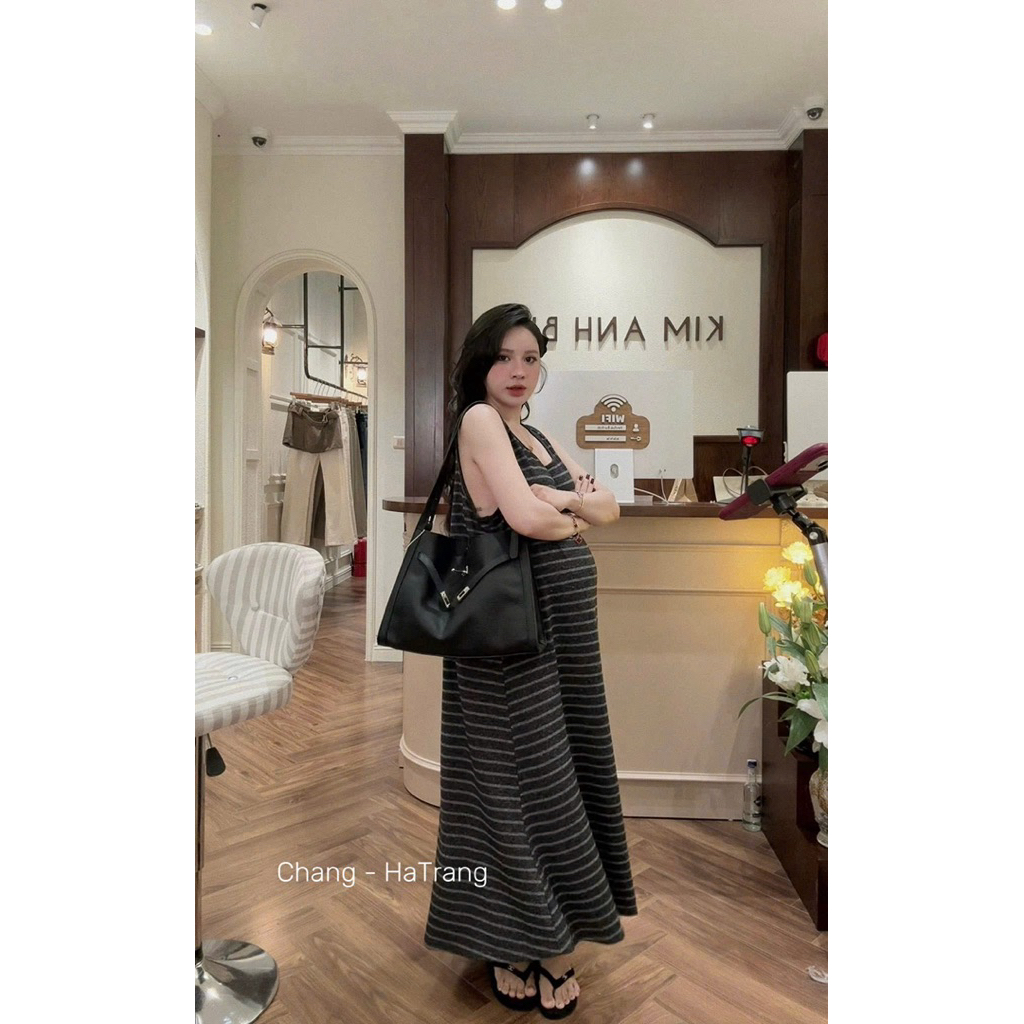 Váy kẻ cotton đan dây Kab