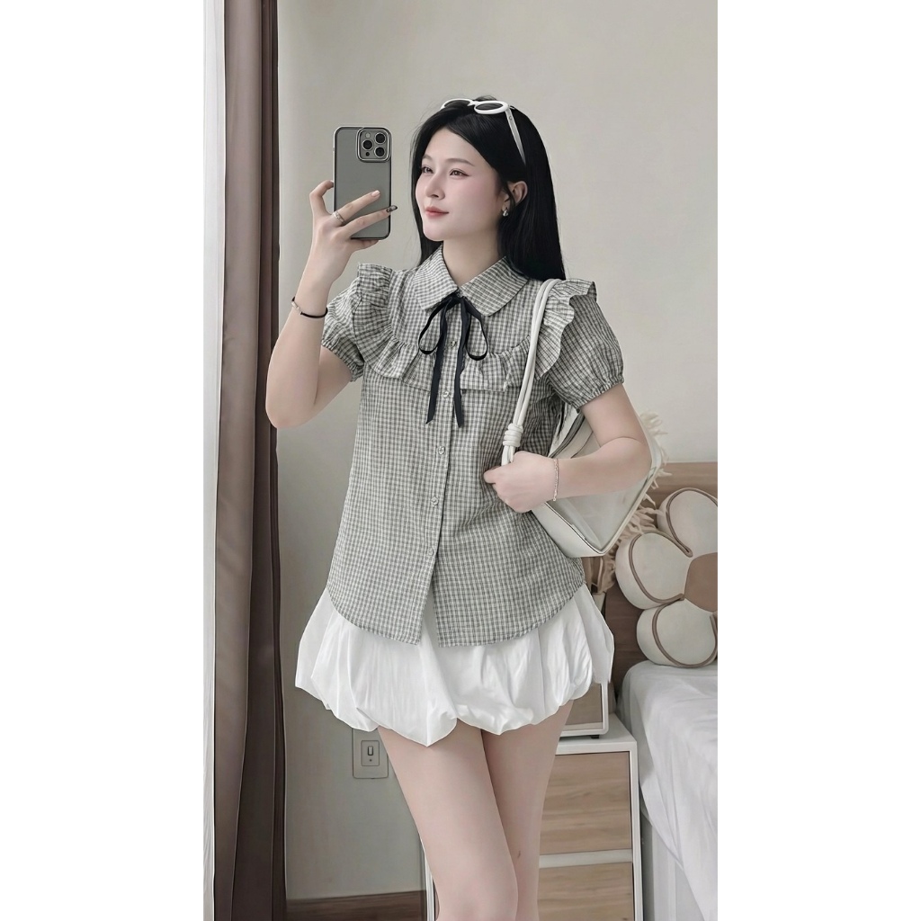 Áo sơ mi kẻ caro đen cổ buộc dây nơ, vai bồng chất liệu cao cấp thích hợp đi đi chơi đi làm Y33