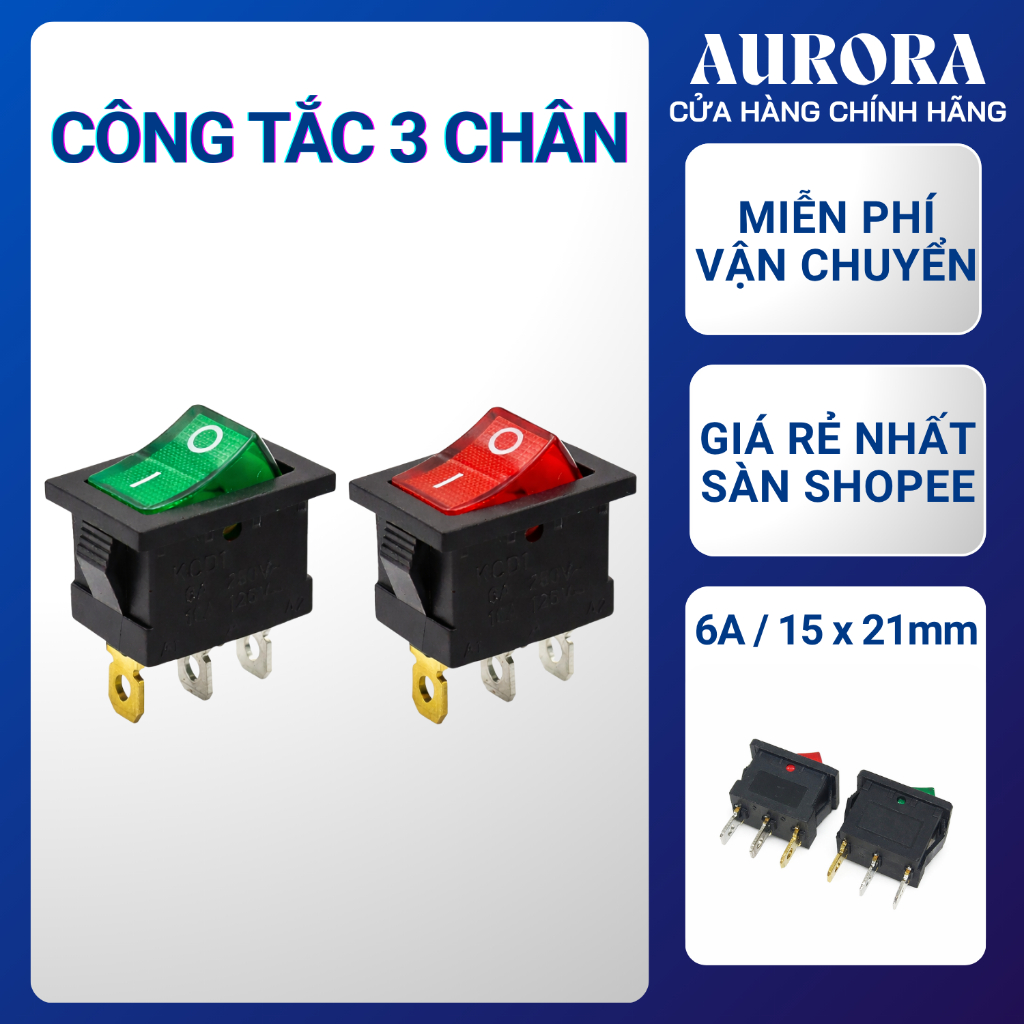 Công Tắc Bập Bênh KDC1-102 6A/250VAC 3 Chân - 15x21mm - Có Đèn