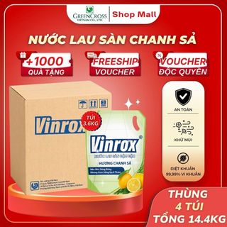 Thùng 4 Túi Nước Lau Sàn Vinrox Túi 3.6kg Đậm Đặc – Hương Chanh Sả - Làm Sạch Hiệu Quả