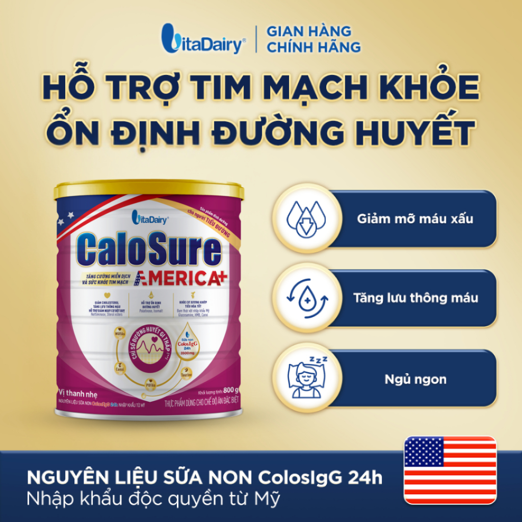 Sữa bột CaloSure America+ vị thanh nhẹ cho người tiểu đường - Giúp tiêu hoá khoẻ, hỗ trợ xương khớp khoẻ - 800g