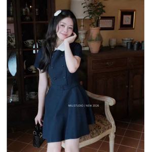 Váy thiết kế tay ngắn phối cổ sơmi đính khuy thanh lịch sang chảnh , đầm công sở dáng ngắn bồng xoè kèm đai eo cao cấp