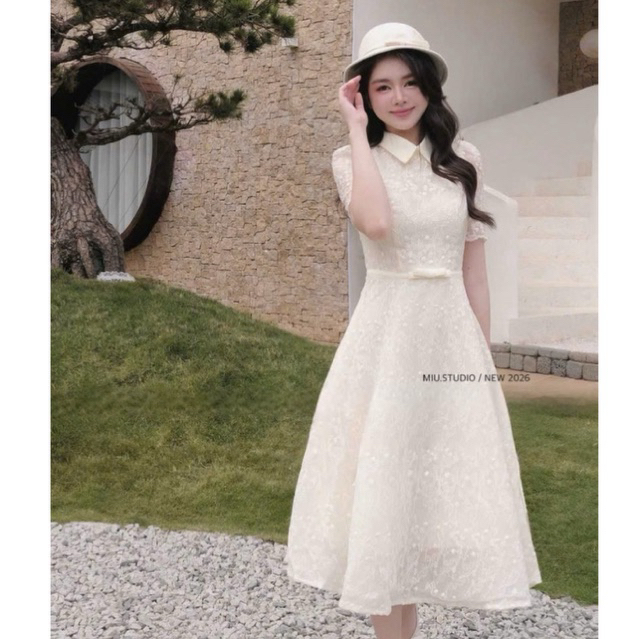 Váy ren cổ đức tay ngắn thiết kế dáng dài phối đai nơ thanh lịch , Đầm tiểu thư sang chảnh chất liệu ren hoa thêu nổi