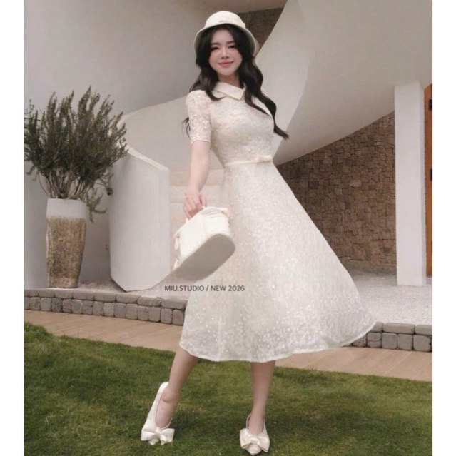 Váy ren cổ đức tay ngắn thiết kế dáng dài phối đai nơ thanh lịch , Đầm tiểu thư sang chảnh chất liệu ren hoa thêu nổi