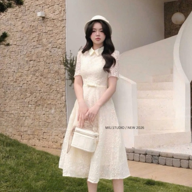 Váy ren cổ đức tay ngắn thiết kế dáng dài phối đai nơ thanh lịch , Đầm tiểu thư sang chảnh chất liệu ren hoa thêu nổi