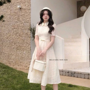 Váy ren cổ đức tay ngắn thiết kế dáng dài phối đai nơ thanh lịch , Đầm tiểu thư sang chảnh chất liệu ren hoa thêu nổi