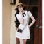 Đầm nữ ren hoa tay ngắn cổ sen phối nơ đen cao cấp,Váy thiết kế dáng A tiểu thư thanh lịch mặc đi cưới,đi tiệc,đi hẹn hò