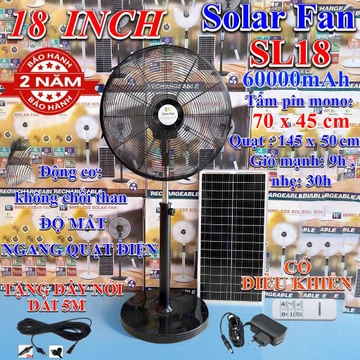 Quạt sạc tích điện năng lượng mặt trời dạng đứng 18 inch 60000 mAh , siêu mạnh động cơ không chổi than