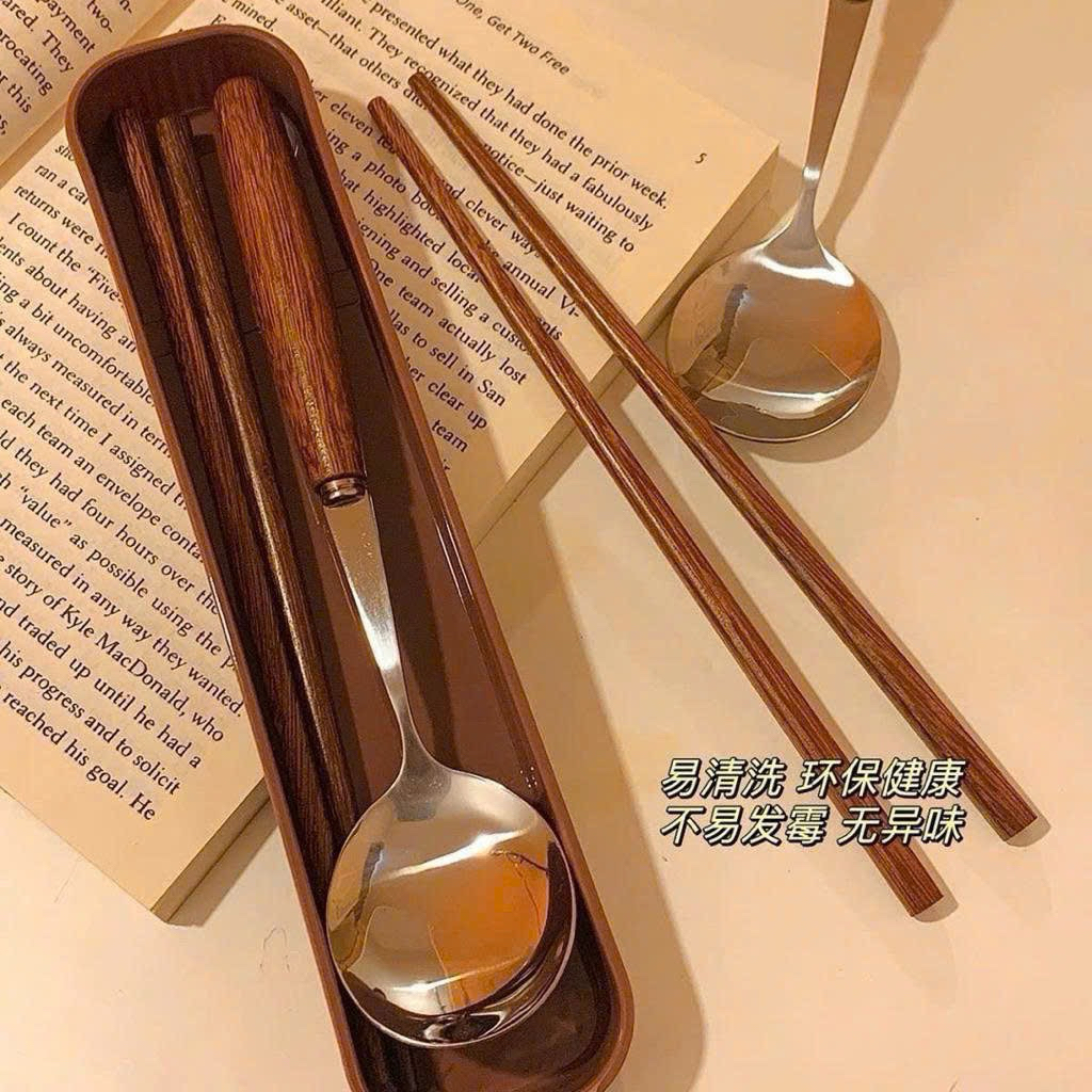 Bộ Muỗng Đũa Cá Nhân Cán Gỗ Vintage - Kèm Hộp Đựng Tiện Lợi Cho Văn Phòng, Du Lịch