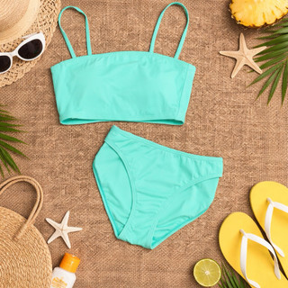 Bộ đồ bơi - bikini 2 mảnh đi biển áo 2 dây quần tam giác vải thun gân màu xanh, hàng của XHILARATION