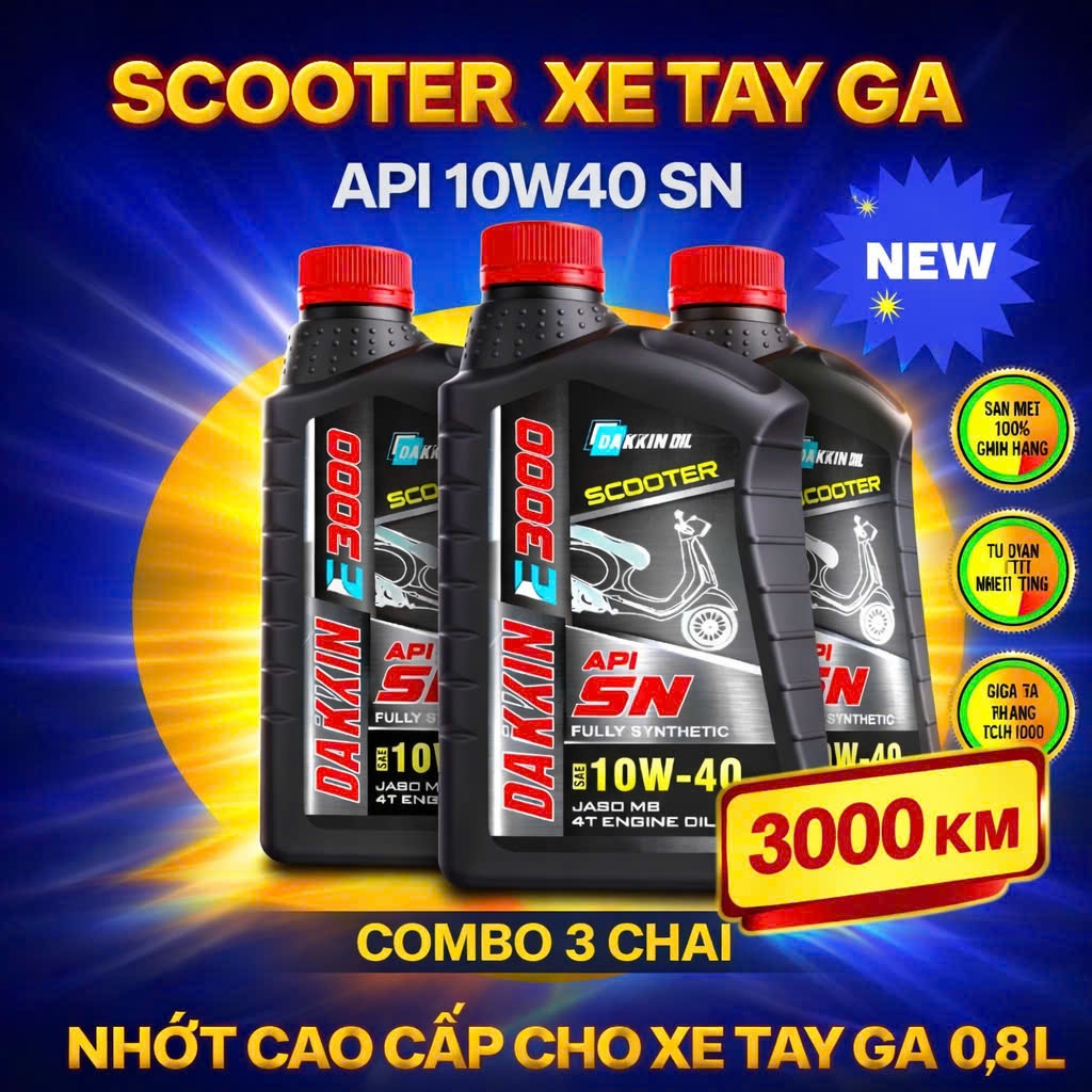 COMBO 3 CHAI DẦU NHỚT DAKKIN E3000  SCOOTER 10W40 API SN  XE TAY GA – 0.8L