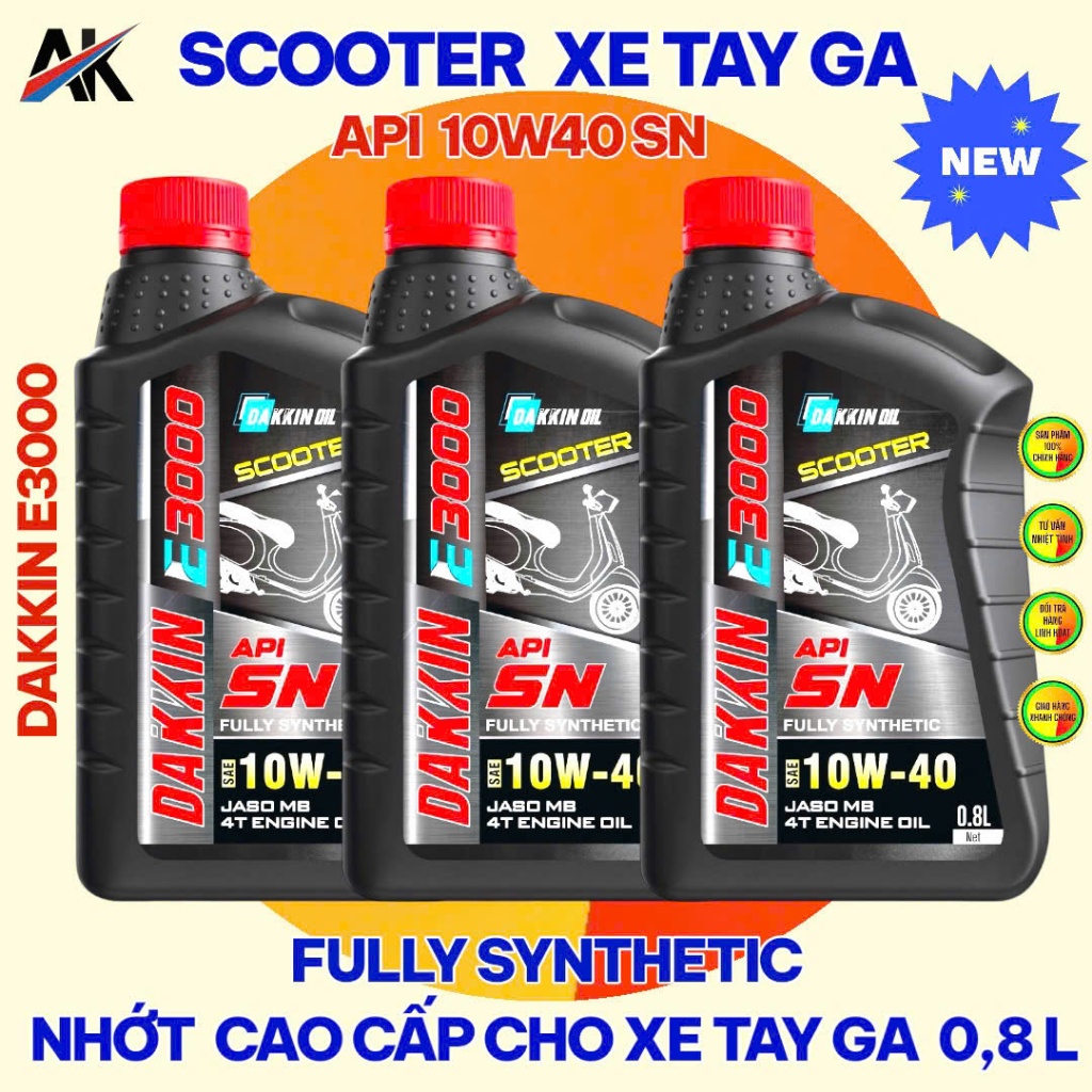COMBO 3 CHAI DẦU NHỚT DAKKIN E3000  SCOOTER 10W40 API SN  XE TAY GA – 0.8L